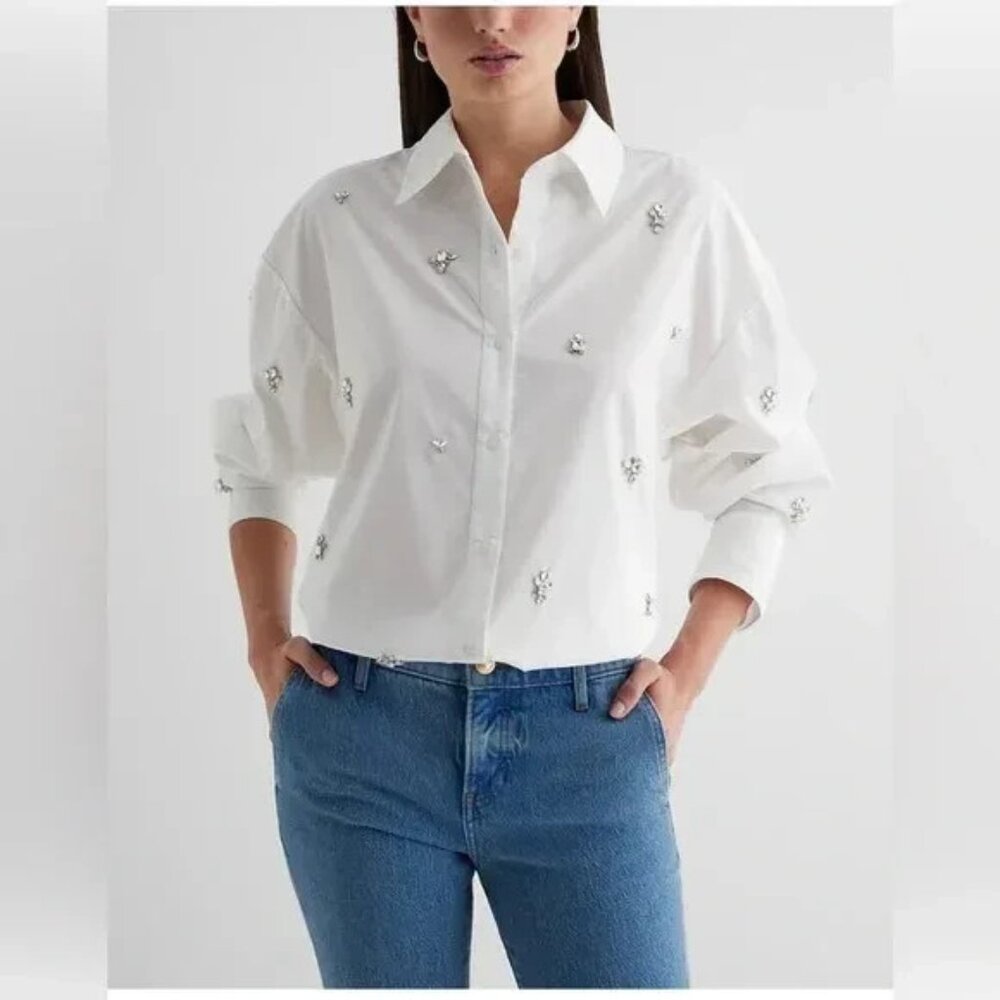 NWT Express Poplin Embellished Striped Boyfriend Portofino Shirt Womens Size M